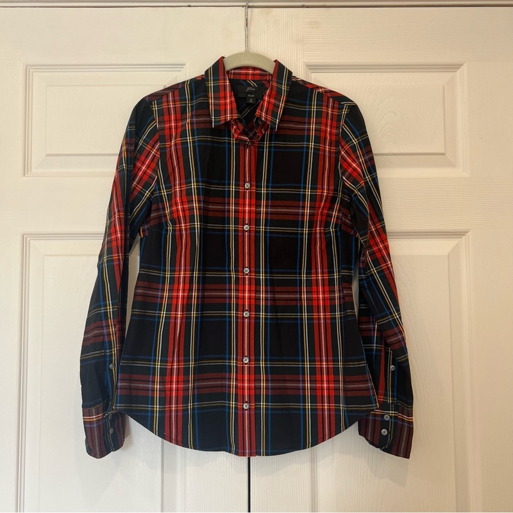 J Crew Slim Stretch Perfect Shirt Black Stewart Tartan Womens 6 Cotton Holiday - Picture 1 of 5